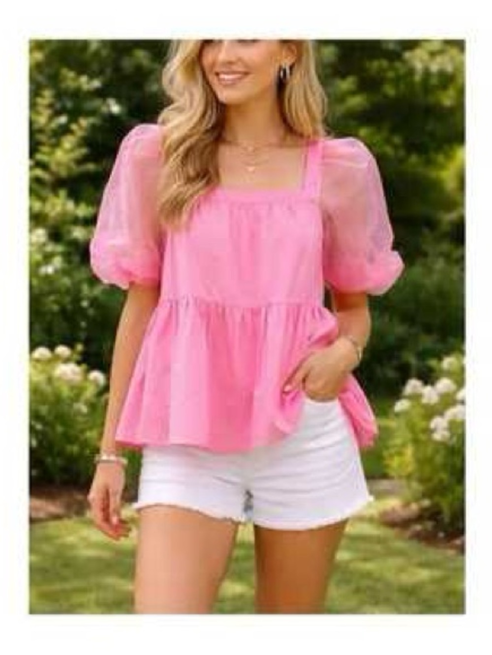 Pomander Place Pink Square-Neck Puff Sleeve Peplum Blouse